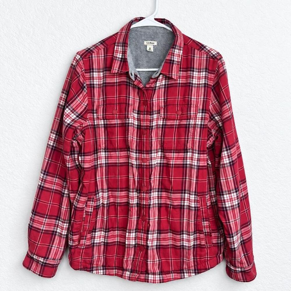 L.L. Bean Fleece Lined Flannel Shacket Snap Front Women M Pink Red Countryside